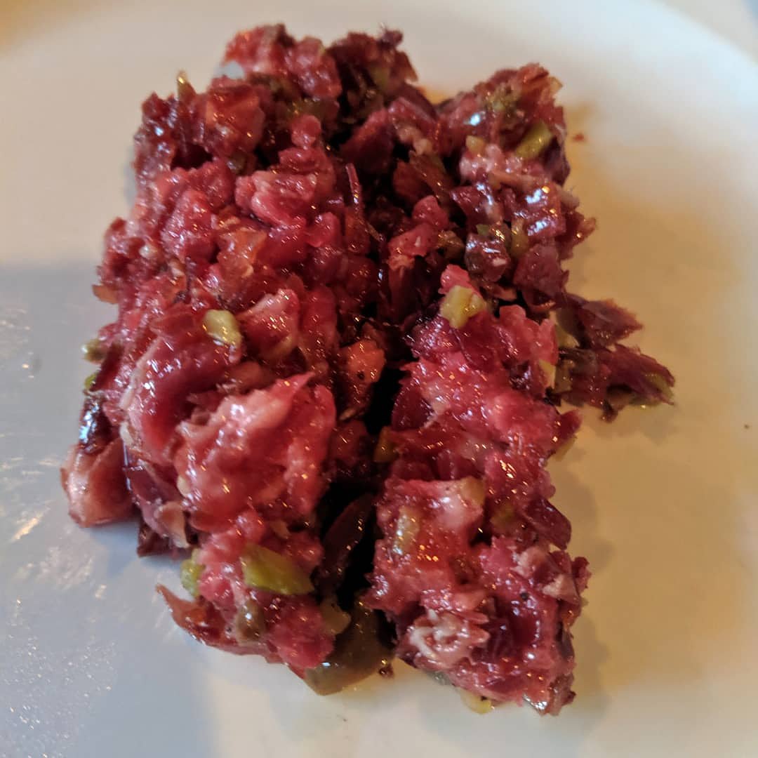 Hanksvic's tweet photo. 5j iberico and Wagyu beef tartar, 5 year aged basalmic and mountain grana cheese.  Also bread fried in dry aged beef fat.

But of room left tonight, hope to see ya!

#yyjfood #yyj #tartar #victoriaeats #victoriafoodie https://t.co/fKZB50po3S