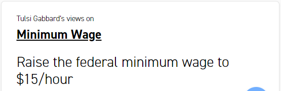 29) You know what, no, I haven't convinced you all yet.Tulsi on minimum wage? Look at that, she's one of the 'fight for $15' people! HOW IS SHE CONSIDERED MODERATE?!