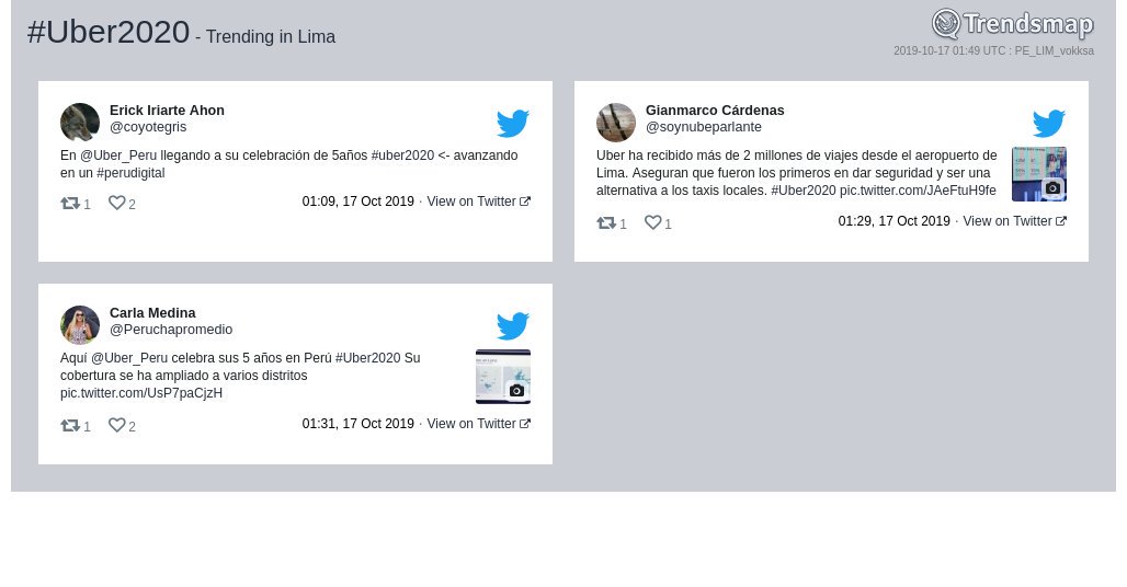 TrendsLima's tweet photo. #uber2020 es ahora una tendencia en #Lima
https://t.co/YrnZHCACHM https://t.co/T8SmAuS62H