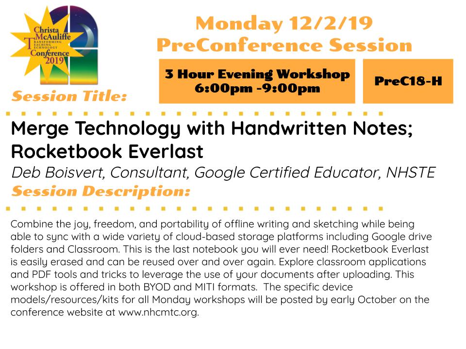 nhcmtc's tweet image. What to learn more about some new trends in Note Taking? We have a few Monday PreConference sessions that focus on sketchnotes and reusable  @getRocketbook notebooks. nhcmtc.org/cms/program/pr… #sketchEDnh #nhcmtc