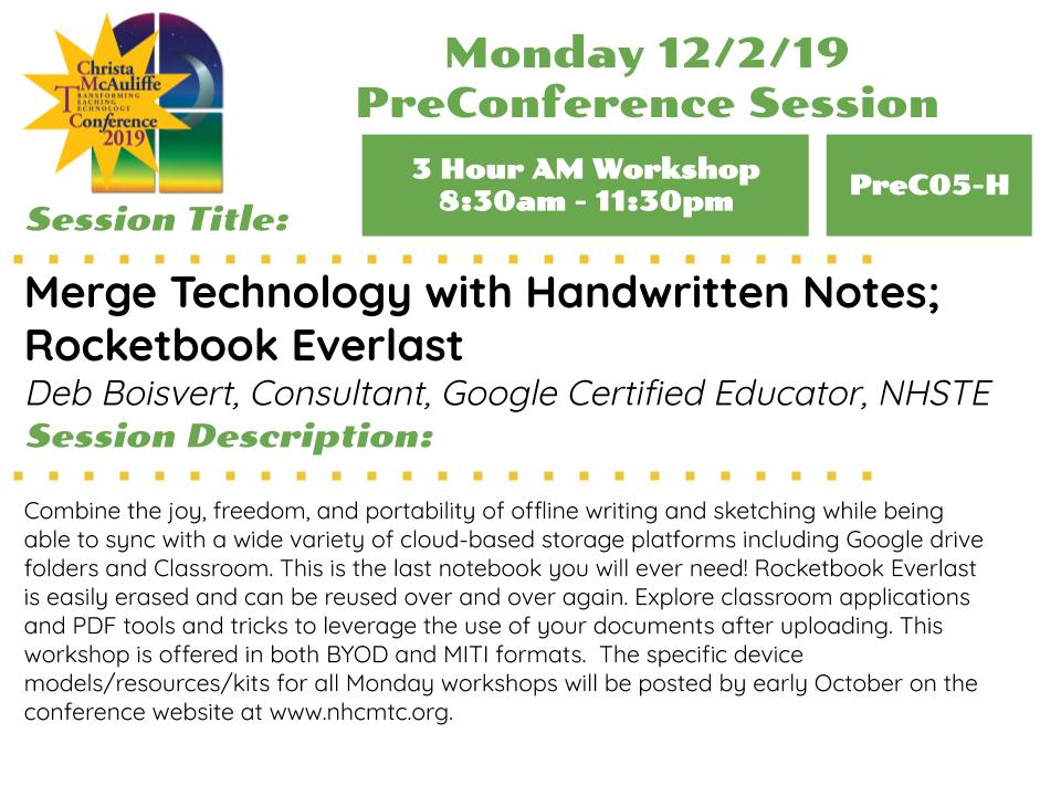 nhcmtc's tweet image. What to learn more about some new trends in Note Taking? We have a few Monday PreConference sessions that focus on sketchnotes and reusable  @getRocketbook notebooks. nhcmtc.org/cms/program/pr… #sketchEDnh #nhcmtc