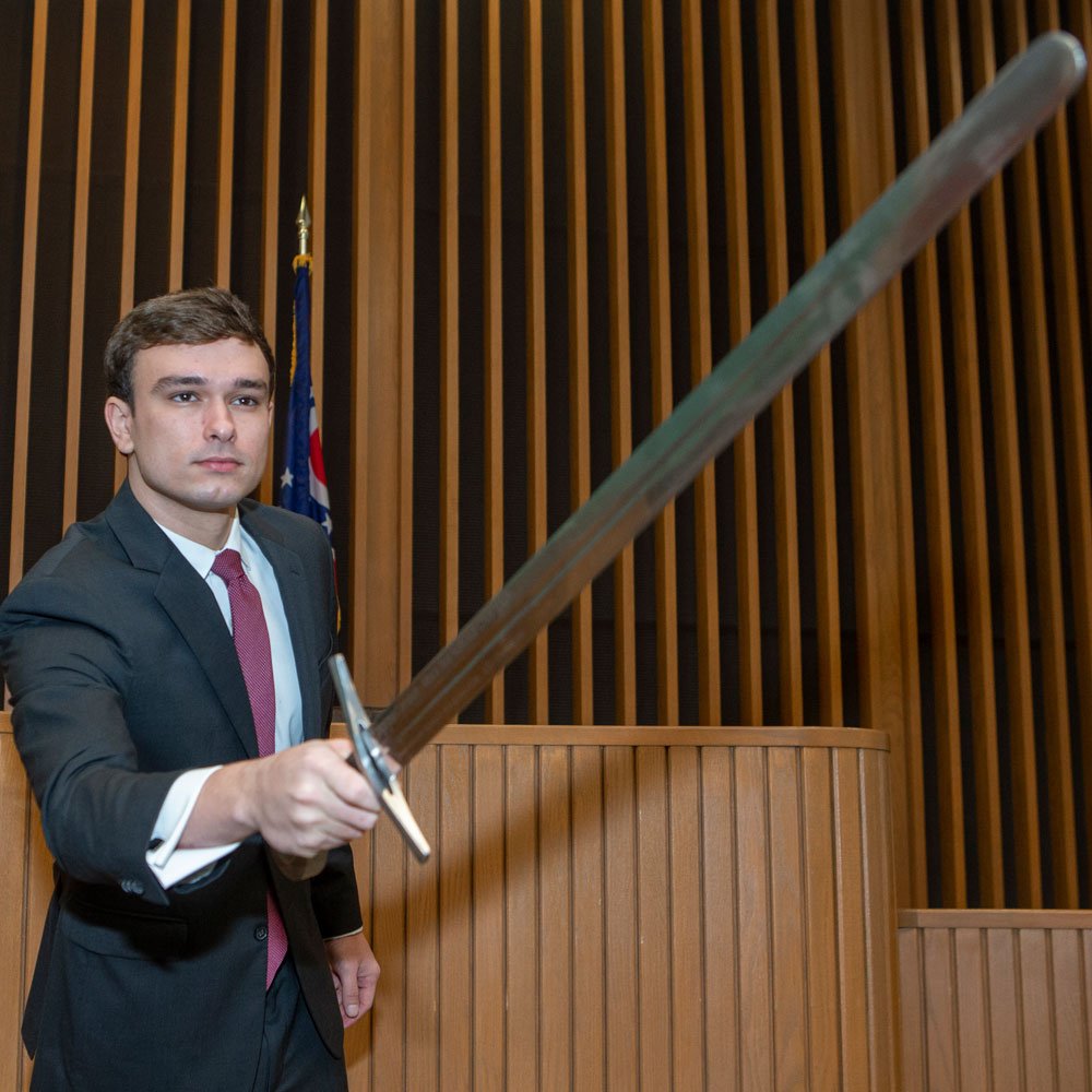 The summer before enrolling in law school, 1L and <a href="/uofcincy/">University of Cincinnati</a> grad Stephen Johnson competed in—and won—Trial by Combat, a 1-on-1 collegiate mock trial competition hosted by @DrexelKline  and <a href="/UCLA_Law/">UCLA School of Law</a>. He took home a unique first-place trophy: an engraved sword. Congrats, Stephen!