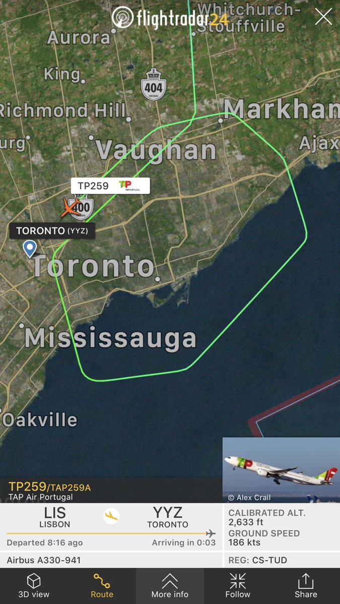 TomPodolec's tweet photo. TAP Air Portugal #TP259 from Lisbon went around on their approach on the south runway in Toronto and now landing on the north where emergency services are standing by. 
https://t.co/C6hgMksXQW https://t.co/LnrQ8BDjhq
