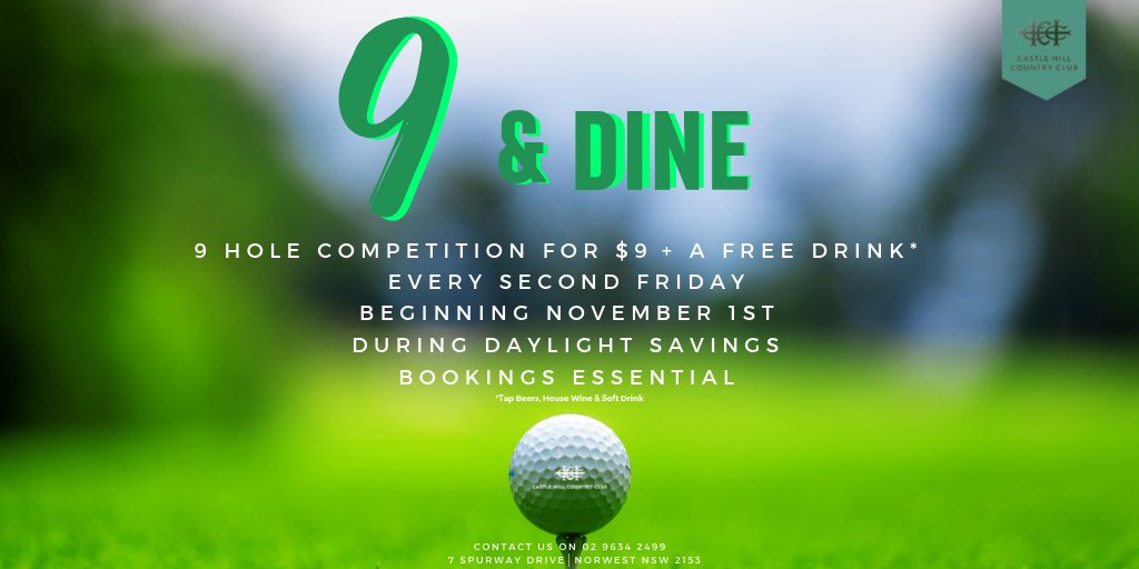 9 &amp; Dine! ⁠
⁠
Play a 9 hole competition for only $9 and get a free drink* voucher!⁠
⁠
Every Second Friday Night during daylight savings!⁠

Beginning November 1st!
⁠
Bookings Essential! Call 02 9634 2499.⁠

#chcc #golf #golfclub #golfislife #lifestyle #golfcourse