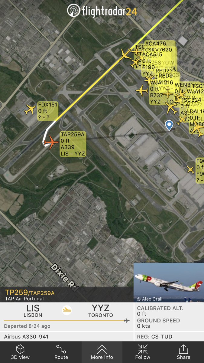 TomPodolec's tweet photo. Update TAP Air Portugal #TP259 from Lisbon had a flap issue on approach to Toronto. Went around, landed safely and now taxiing to gate after a brief inspection by Toronto Pearson Fire. 
https://t.co/C6hgMksXQW https://t.co/FAKCyyB6jv