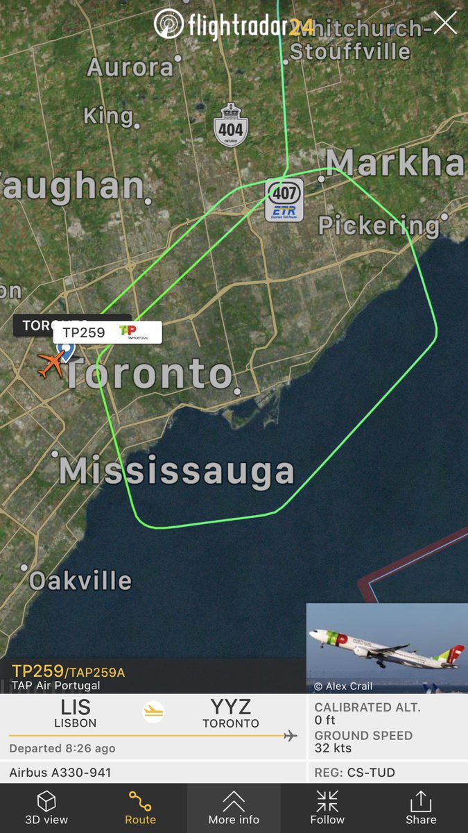 TomPodolec's tweet photo. Update TAP Air Portugal #TP259 from Lisbon had a flap issue on approach to Toronto. Went around, landed safely and now taxiing to gate after a brief inspection by Toronto Pearson Fire. 
https://t.co/C6hgMksXQW https://t.co/FAKCyyB6jv