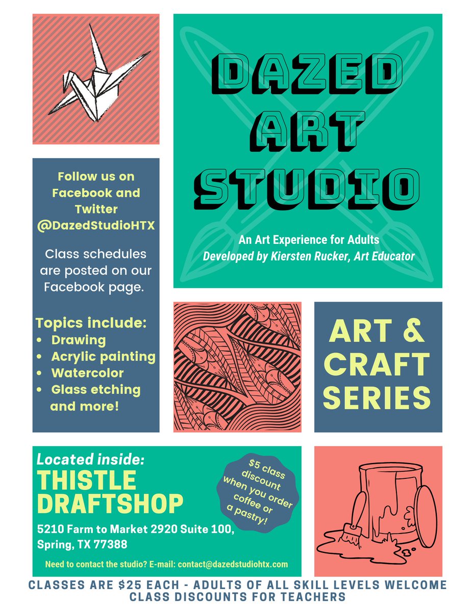DazedStudioHTX's tweet photo. Work, school, bills…all necessary parts of life but also major sources of stress. I teamed up with Thistle Draftshop to create the ultimate chill space for adults to roll up their sleeves, make Art and have a drink. Come out and see us! #MakeArtDrinkCraft #NoFearArt https://t.co/qDmQ0LbaAn