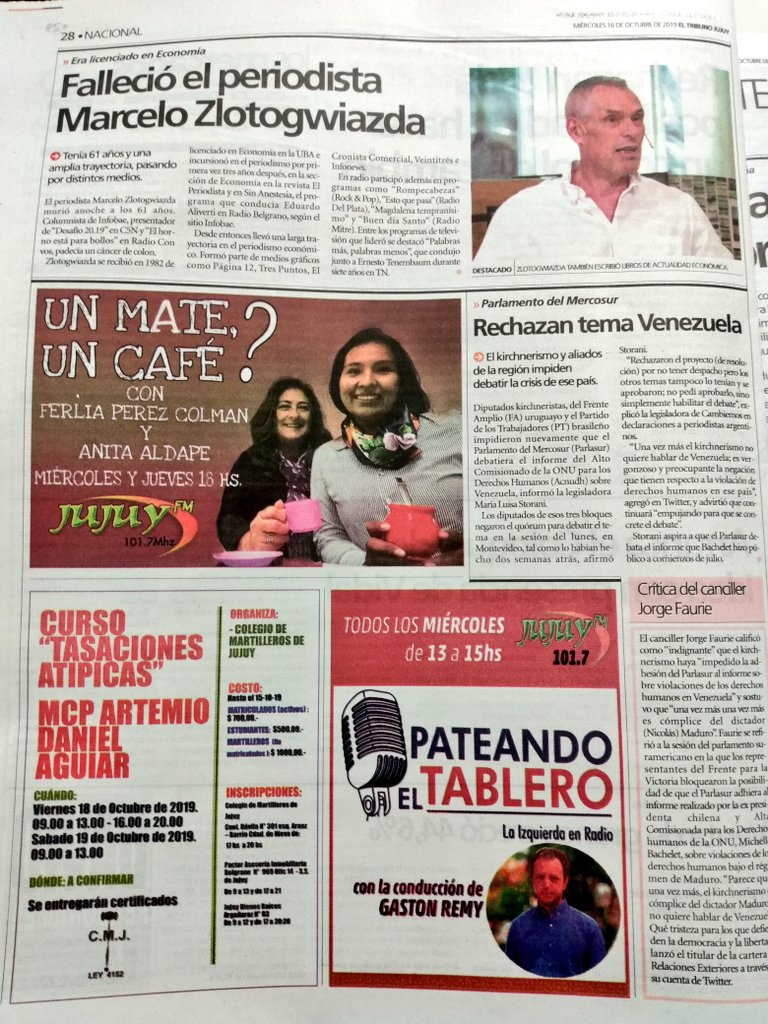 RemyGaston1's tweet photo. Hoy con @JujuyPateando compartimos la misma página en El Tribuno con #Sloto, se fue un gran periodista, adiós Marcelo. https://t.co/0a5lzR9gN0