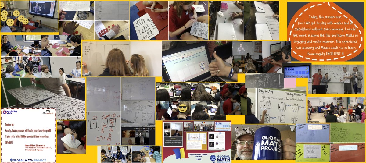 jamestanton's tweet photo. Some latest scenes from social media as Day 7 of Global Math Week wraps up! What fabulous math joy across the planet! Thank you all! @GlobalMathProj @Buzzmath @MoMath1 @RakhiChawlaEd3D @gomindsets @MathigonOrg @MathPlusAcademy #explodingdots #globalmathweek2019 https://t.co/xZh23JbgvC