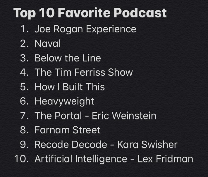 jamesbeshara's tweet photo. With 80+ comments and 80,000 views, wanted to follow up with the list of most voted podcasts &amp; entire list of specific episodes for 2019:

@joerogan @naval @gobelowtheline @tferriss @HowIBuiltThis @heavyweight @ericweinstein @shaneparrish @karaswisher @lexfridman @kristatippett https://t.co/qUwDIl2iwl