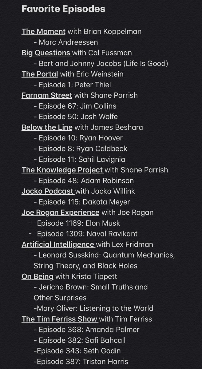 jamesbeshara's tweet photo. With 80+ comments and 80,000 views, wanted to follow up with the list of most voted podcasts &amp; entire list of specific episodes for 2019:

@joerogan @naval @gobelowtheline @tferriss @HowIBuiltThis @heavyweight @ericweinstein @shaneparrish @karaswisher @lexfridman @kristatippett https://t.co/qUwDIl2iwl