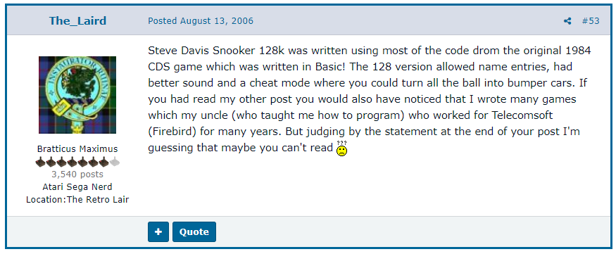 ReheatedPixels's tweet photo. Seems that 'Laird's Lair'/RetroLaird (Kieren Hawken) has a lot of questions to answer about his role in Horace-gate tonight.
If you ever think of buying his retrogaming books, let's take a look at how he's not entirely honest *cough*, from his forum days as The_Laird/Mr Kizza... https://t.co/06RcrXmAGs