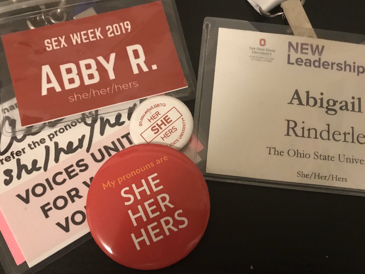 Hi, my name is Abby and my pronouns are she/her/hers. Here are some of my name tags &amp; pins from the last 8 months that normalize pronouns :) Happy International Pronouns Day!