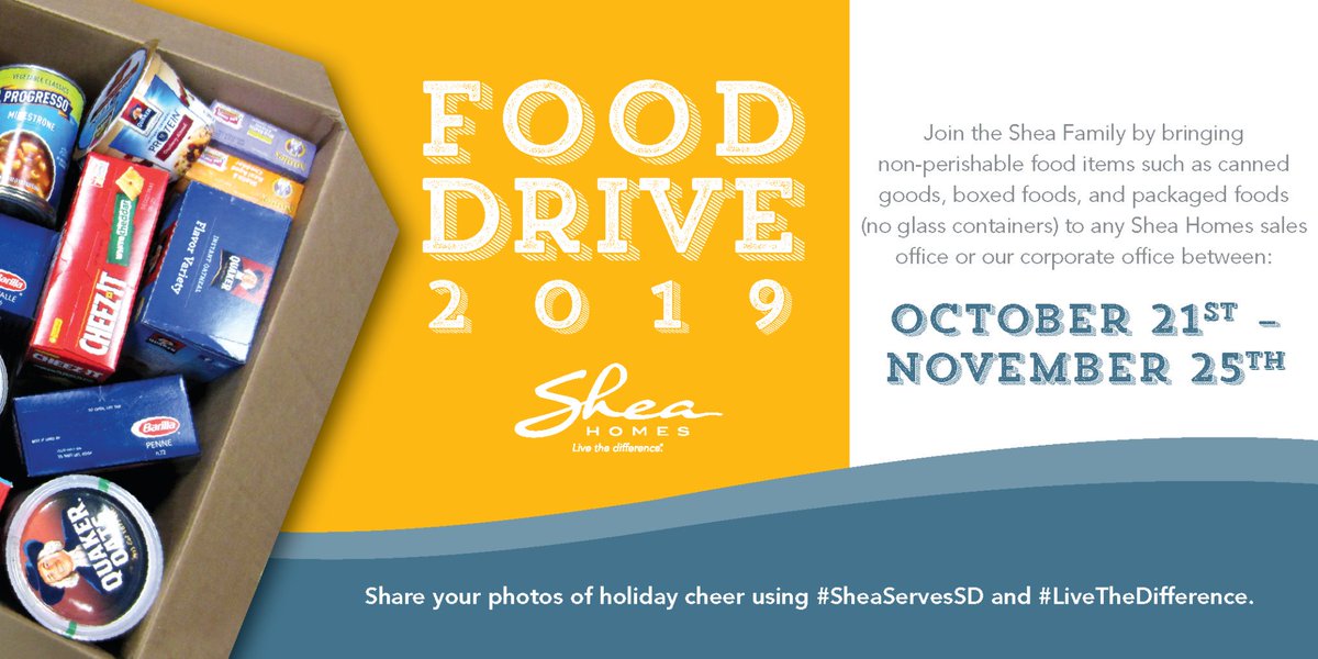 SheaHomesSD's tweet image. Our Food Drive is coming up soon! 🍞🥕🍎 Start getting those packaged goods together—we'll be accepting donations from 10/21 to 11/25! Visit our blog for specific donation instructions: bit.ly/TwSheaSDFoodDr… #SheaServesSD #LiveTheDifference