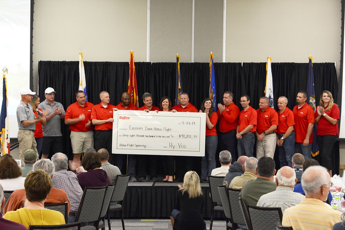 EIHonorFlight's tweet photo. At our last orientation meeting, Hyvee employees presented Eastern Iowa Honor Flight with a donation of $48,242!  This donation was from the Register Round Up initiative in which customers at local area Hy-Vee stores.  Thank you Hy-Vee!! #iowahonorflight #honorflight #veterans https://t.co/bIzyhhNNFM