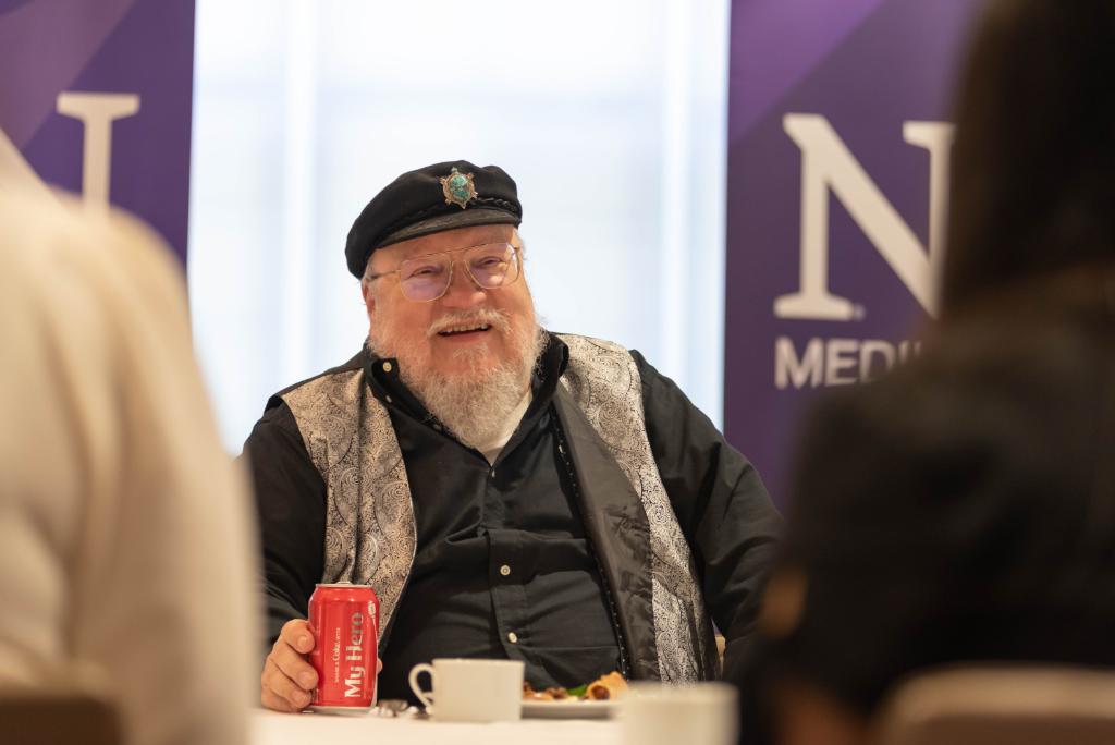 NorthwesternU's tweet photo. Alumnus George RR Martin took time out during @chihumanities to sit down with @MedillSchool students to discuss his career, Game of Thrones and, of course, his #NorthwesternDirection. https://t.co/WdT62VbKZm