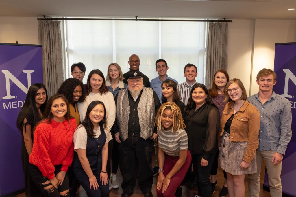 NorthwesternU's tweet photo. Alumnus George RR Martin took time out during @chihumanities to sit down with @MedillSchool students to discuss his career, Game of Thrones and, of course, his #NorthwesternDirection. https://t.co/WdT62VbKZm