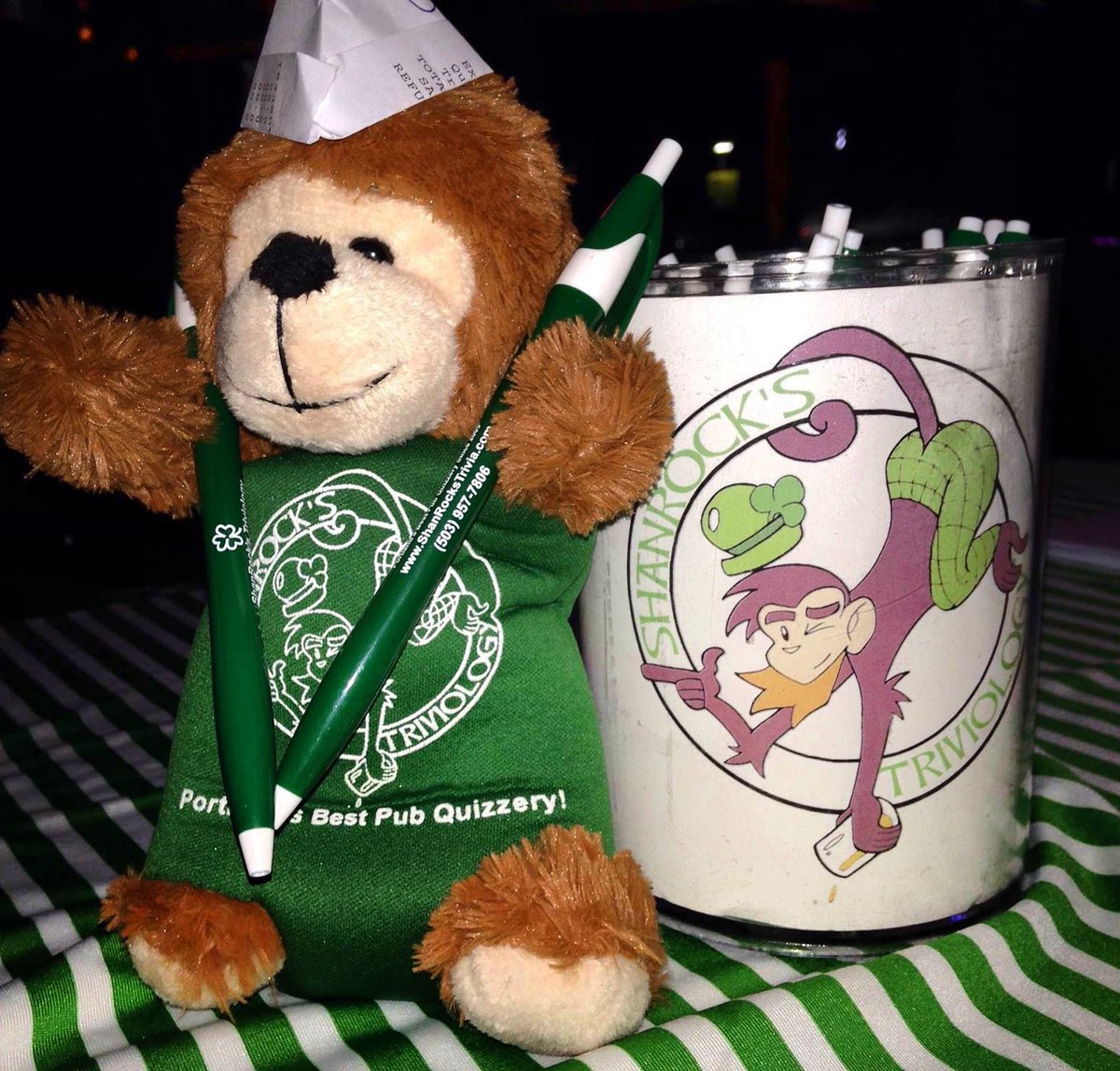 I love my leprechaun monkey logo, and the Natalie Portmanteau he inspired! Look - somebody made the leprekey a little hat to go with his beer coozie suit! Play 2nite: <a href="/peters_bar/">Peter's Bar & Grill</a> or <a href="/montagepdx/">le bistro montage</a> at 7, or LombardPub at 8! #Leprekey #NataliePortmanteau #TriviologyTeamArt #LaMerde