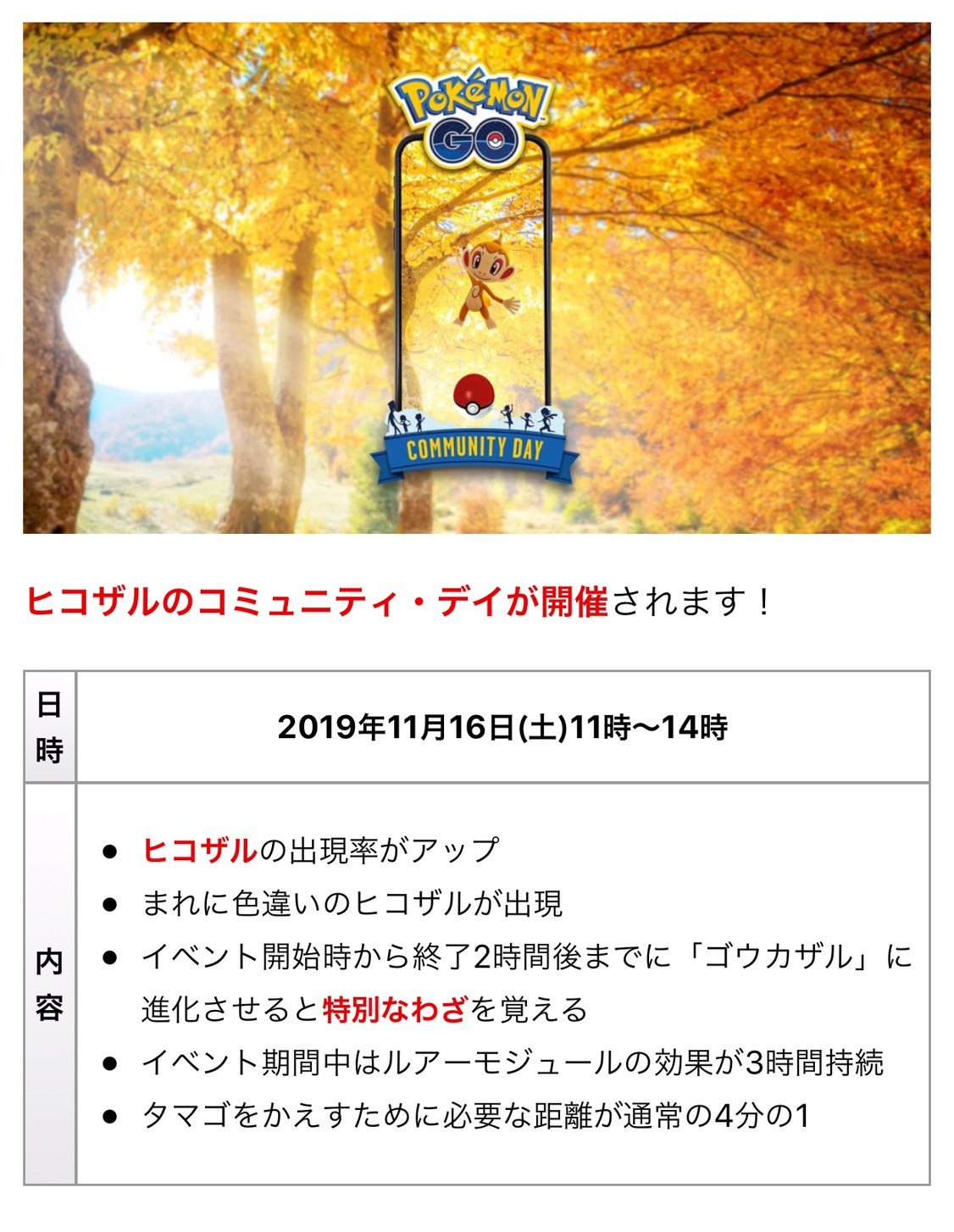 ポケモンgo攻略情報 ポケマピ 19年11月のコミュニティ デイはヒコザルが大量発生します 開催日 19年11月16日 土 11時 14時 色違いヒコザル新実装 ルアーモジュールの効果が3時間持続 タマゴをかえすために必要な距離が通常の4分の1 記事は