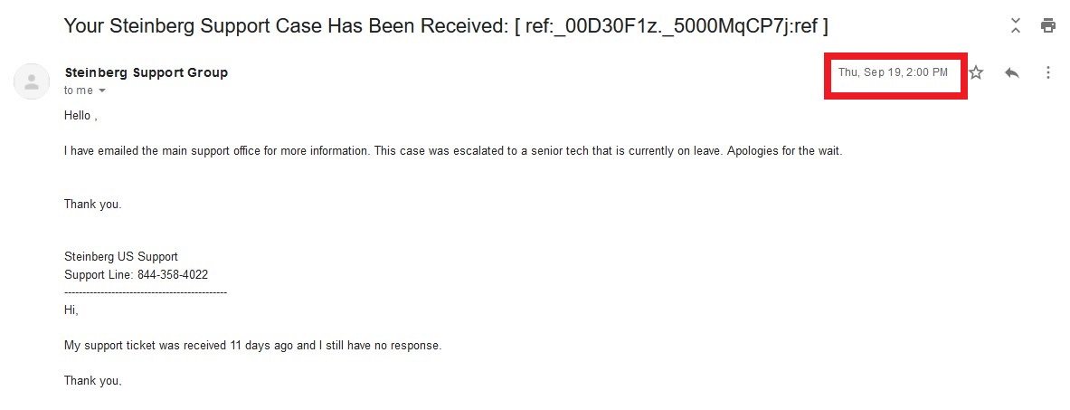 Nebuphon's tweet photo. @SteinbergMedia Steinberg, it's been a month and a half since I sent you a support request! You claim to respond within 24-48 hours. Obviously, this makes me not want to purchase any more products by you in the future. Screenshots are attached. Thank you. 😟 https://t.co/HjOtxynddt