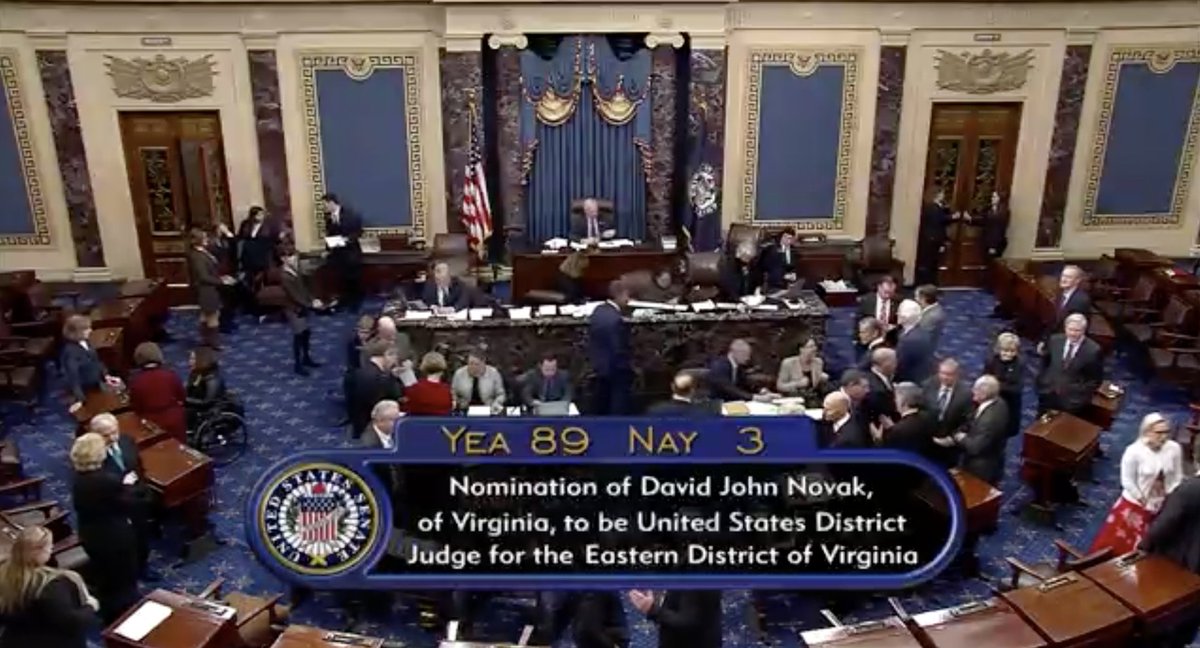 C-SPAN screen shows the vote total for David Novak’s confirmation to the federal bench in Virginia. The vote was 89-3.