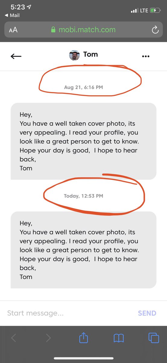 sayzabee's tweet photo. I canceled Match ages ago but somehow still receive messages. Super cool and unique opener, Tom. 🙄 3 months apart. same copy & pasted shiz. #datingblows https://t.co/3Nvt5KHEiY
