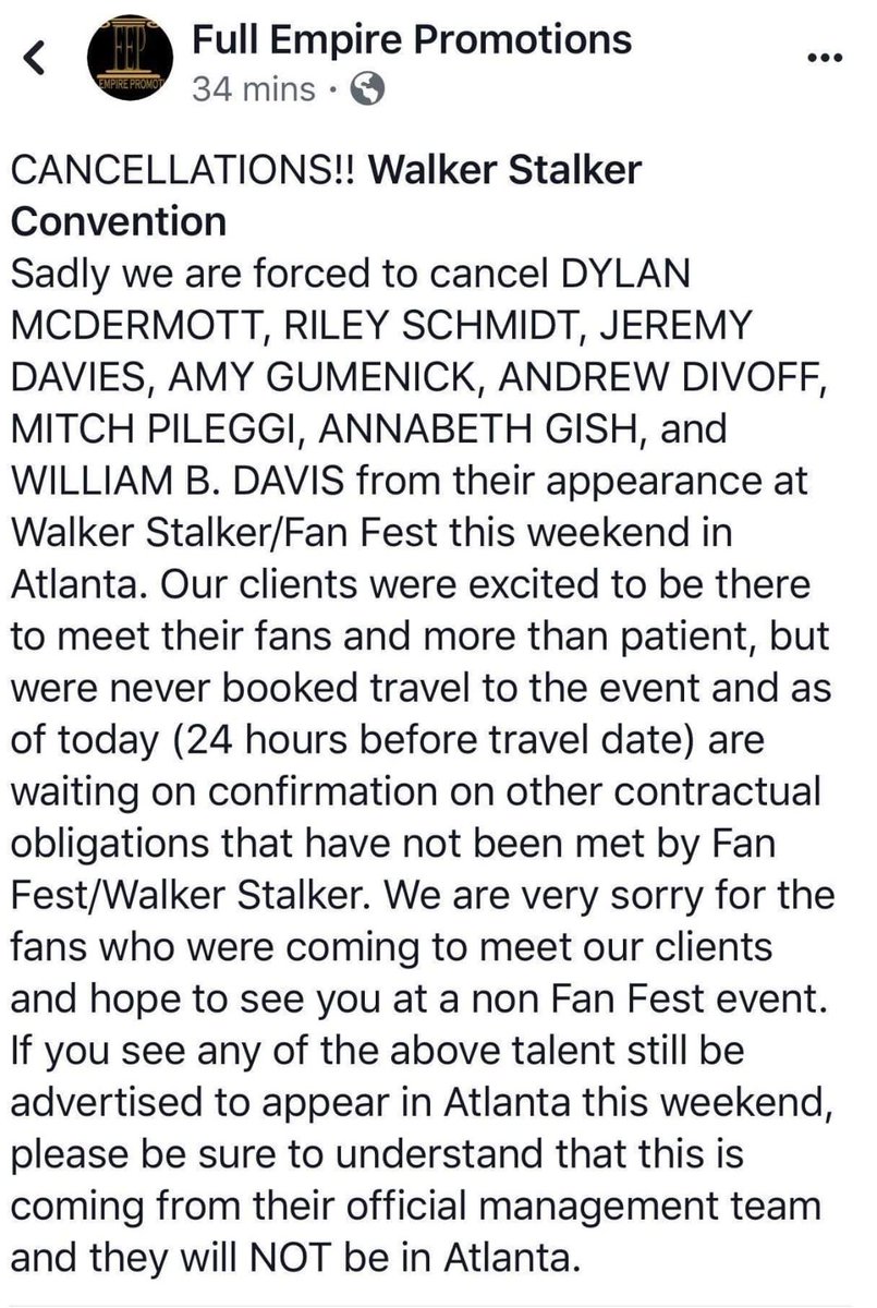 Tha_Mist's tweet photo. #WSC HASN'T made this announcement yet. Guarantee more IMPORTANT celebs have cancelled or pulled out & #WSCATLANTA WILL WAIT til FRIDAY when ppl have already gotten into town, so you can't request refunds. THAT, is their M.O.ππ»ββοΈ#yallhavefun #walkerstalkercon #wscatl #walkerstalker https://t.co/2MNMNt5uqB