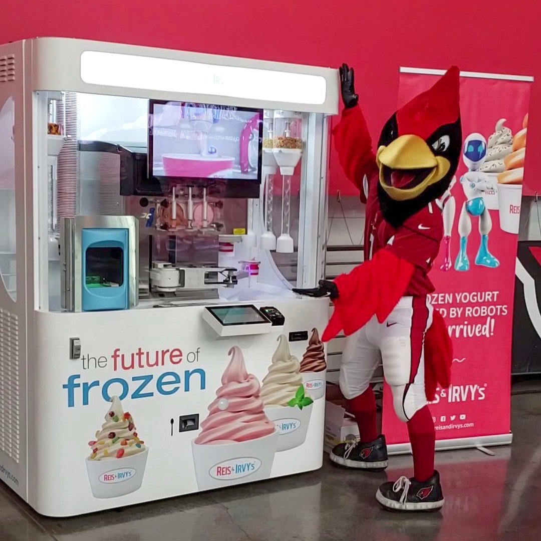 Reis &amp; Irvy’s is Big Red approved! Check out our #FroyoRobots at State Farm Stadium at every @azcardinals home game! #reisandirvys #thefutureofffrozen #froyo #frozenyogurt #nfl #cards #redsea #azcardinals #eater #tech #robot #entertainment #vendingrobot