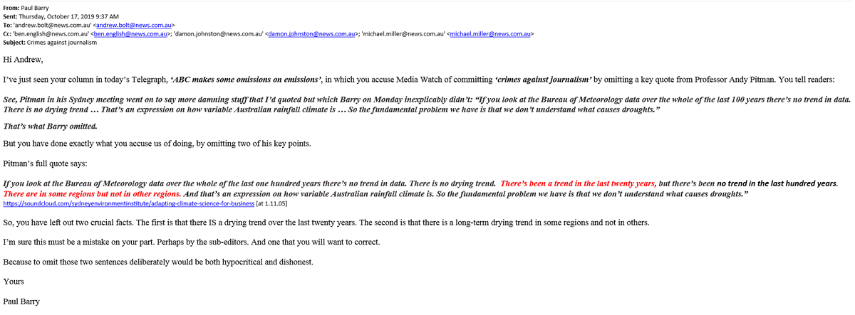 TheRealPBarry's tweet photo. Having told climate scientists not to let the media get away with printing crap ... I felt I had to follow my advice. Here's my email to Andrew Bolt and the editors of @dailytelegraph and @theheraldsun. https://t.co/D1ODOP0qN5