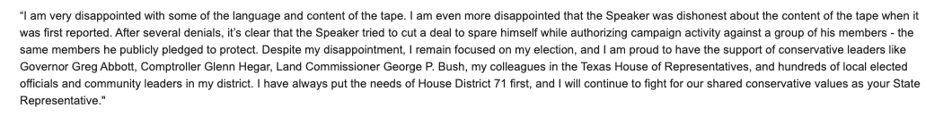 cassi_schredder's tweet photo. Here's another statement from a House R on the political target list — this one from @RepStanLambert: 

"... it’s clear that the Speaker tried to cut a deal to spare himself while authorizing campaign activity against ... members he publicly pledged to protect." #txlege https://t.co/UWREVIRJNw