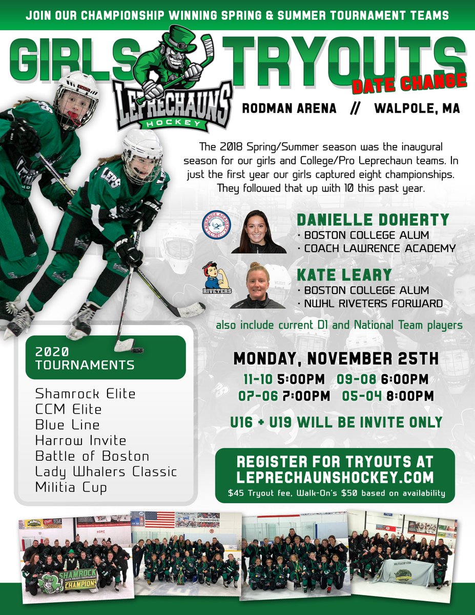Our 2020 Girls Leprechauns Tryouts have moved from Sun, Oct 20th to Mon, Nov 25th to better accommodate everyone. Registration is open at leprechaunshockey.com/girls. Sign up today for the chance to join our championship program! #PlayForTheGold