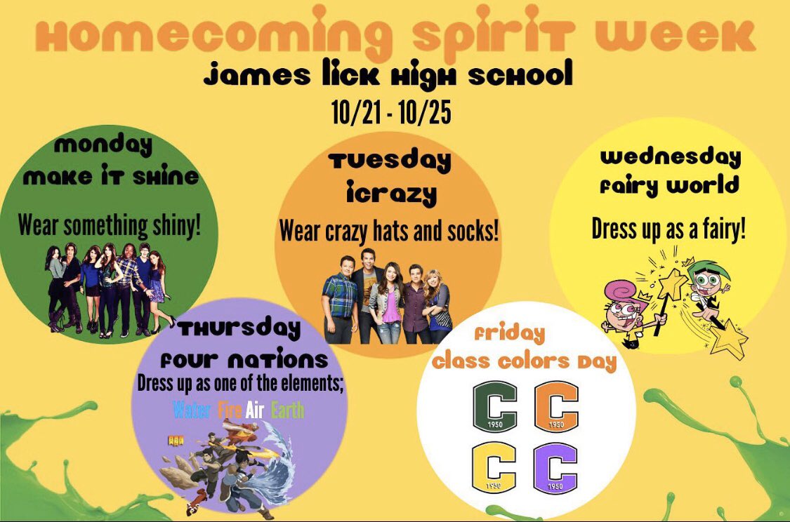 jlhscomets's tweet photo. Hey Comets, guess what next week is.....HOMECOMING! 🤯  Our theme is Nickelodeon, here’s our spirit week schedule! 🗓 https://t.co/0cjhsOeYXk