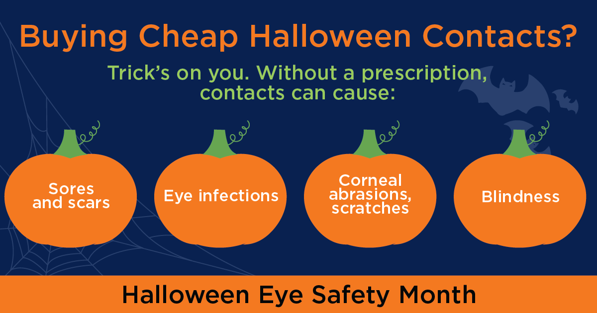 AcademyEyeSmart's tweet image. Halloween should be spooky, not dangerous. Skip the #costume contacts at the Halloween store. Even costume lenses must be properly fit by an eye care professional to avoid eye damage aao.org/eye-health/gla… #CountdowntoHalloween #HalloweenEyeSafety #ProtectingSightEmpoweringLives