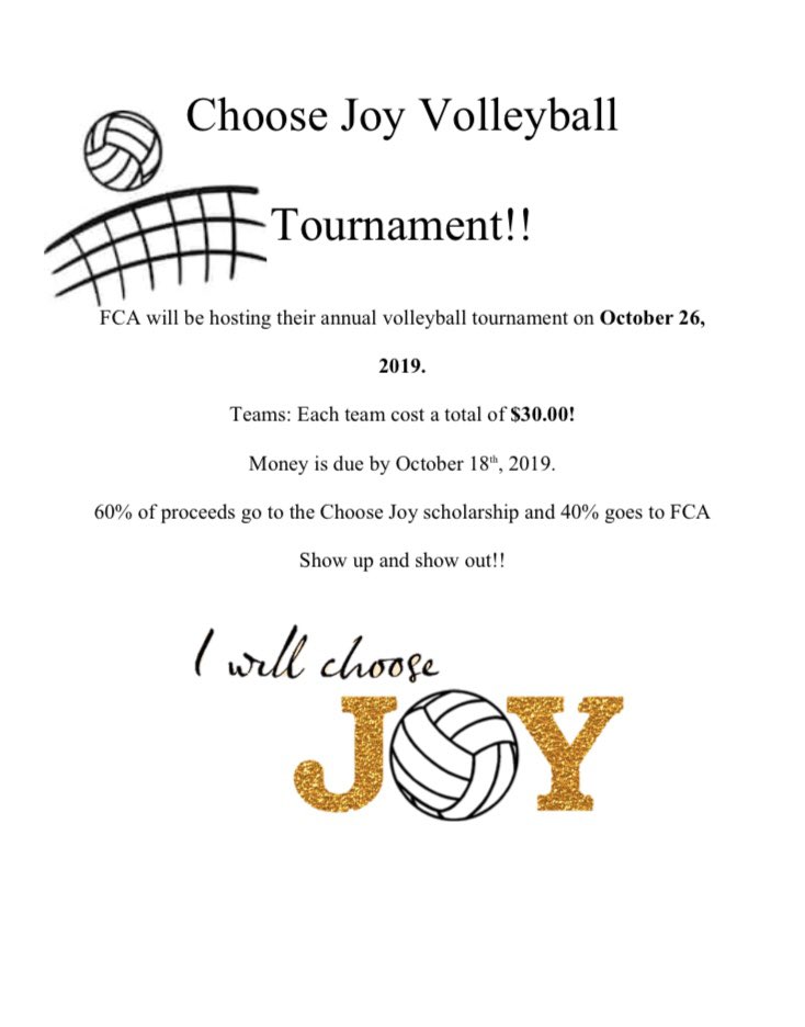 FCApottsboro's tweet photo. Make sure to stop by Coach Williams’s room to sign up for the Choose Joy Volleyball Tournament! The tournament will be held on Saturday, October 26th from 5-8, and the $30 is due THIS FRIDAY! https://t.co/06taFw1V4E