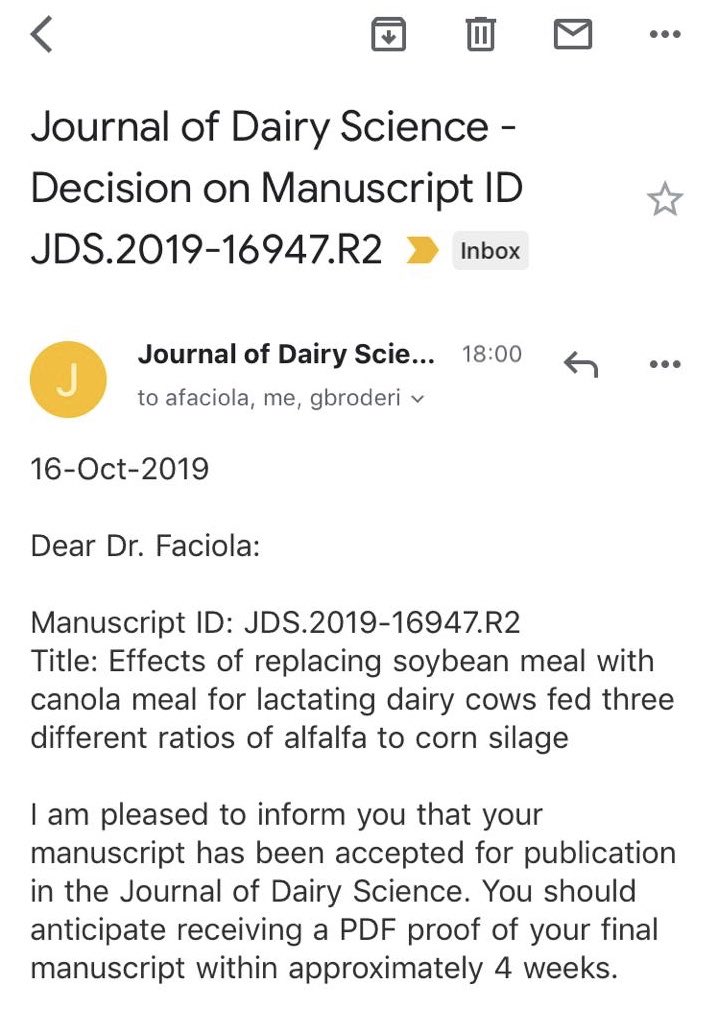 FaciolaLab's tweet photo. It doesn’t get old! Having a paper accepted @jdairyscience, the premier journal in #dairy #science is always a great reason to celebrate! Congrats @EMpaula08 on another great work and also to Dr. Broderick on his 99th JDS paper! @uf_ansci @UFCALS @UF_IFAS @UFExplore @UF #GoGators https://t.co/xzFstoLWrX