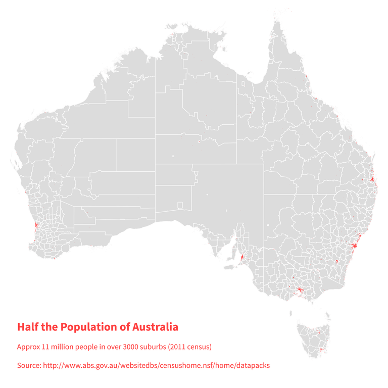 Amazing_Maps's tweet photo. The red areas contain half the population of Australia https://t.co/03ligi7342