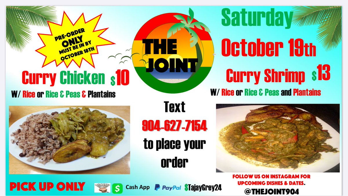 Pass The Joint & Get Ready To Eat !🔥🍽🔥
Serving Up Curry Chicken & Curry Shrimp 
October 19th PreOrder Now‼️‼️
Follow TheJoint On Instagram 
@thejoint904 
#carribbeanfood #Localfood #904food #duval #currychicken
#curryshrimp