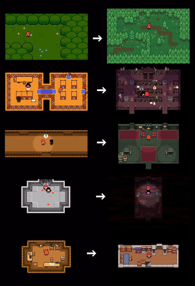 i took some screencaps from the original ikenfell kickstarter video and compared the areas to what they look like now, years later :)