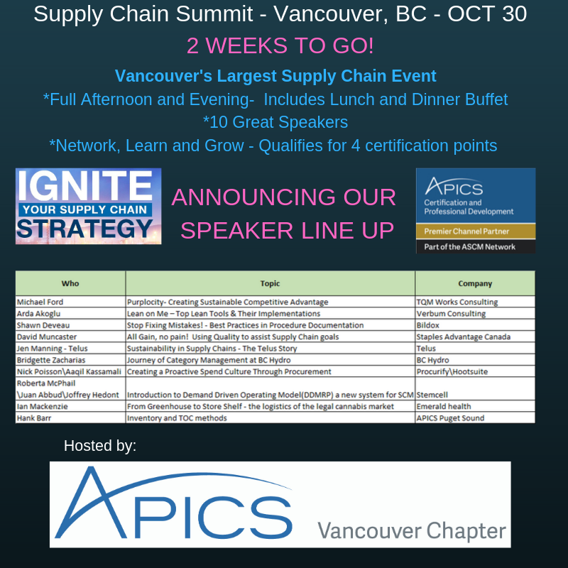 We are proud to announce our speaker line up for the Annual APICS Supply Chain Summit on 30th Oct 2019