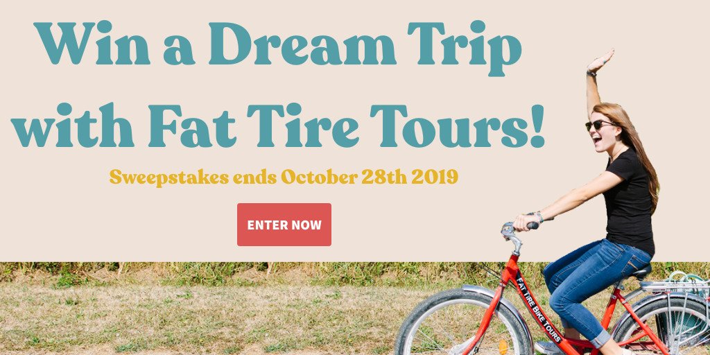 Our sponsor <a href="/heyFatTireTours/">Fat Tire Tours</a> is running an awesome giveaway valued at over 7k!

- RT Airfare for 2 to the FTT destination of your choice
- 5 Night Stay 
- UNLIMITED tours w/ Fat Tire!
- 60min photoshoot with Flytographer
+ MORE!

Details &amp; entry here:

fattiretours.com/contests/win-a…
