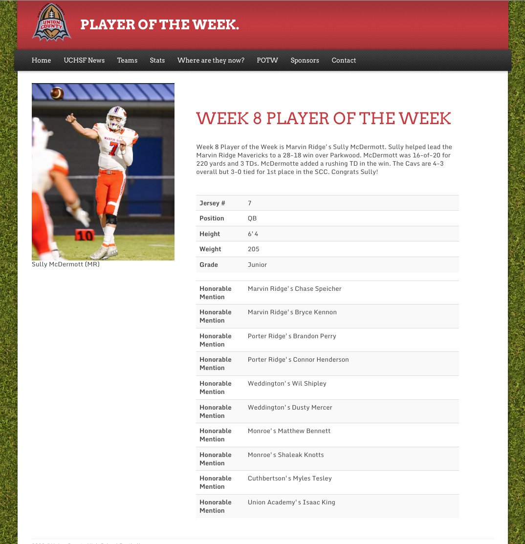 The Week 8 UCHSF Player of the Week is Marvin Ridge's Sully McDermott
<a href="/Sully_McDermott/">Sullivan</a> <a href="/MarvinRidgeHSNC/">Marvin Ridge High School</a> <a href="/MRHSSTUDENTSEC/">MRHS STUDENT SECTION</a> <a href="/coach_carter77/">Aubrey Carter</a> <a href="/MarvinRidgeFB/">Marvin Ridge Football</a>