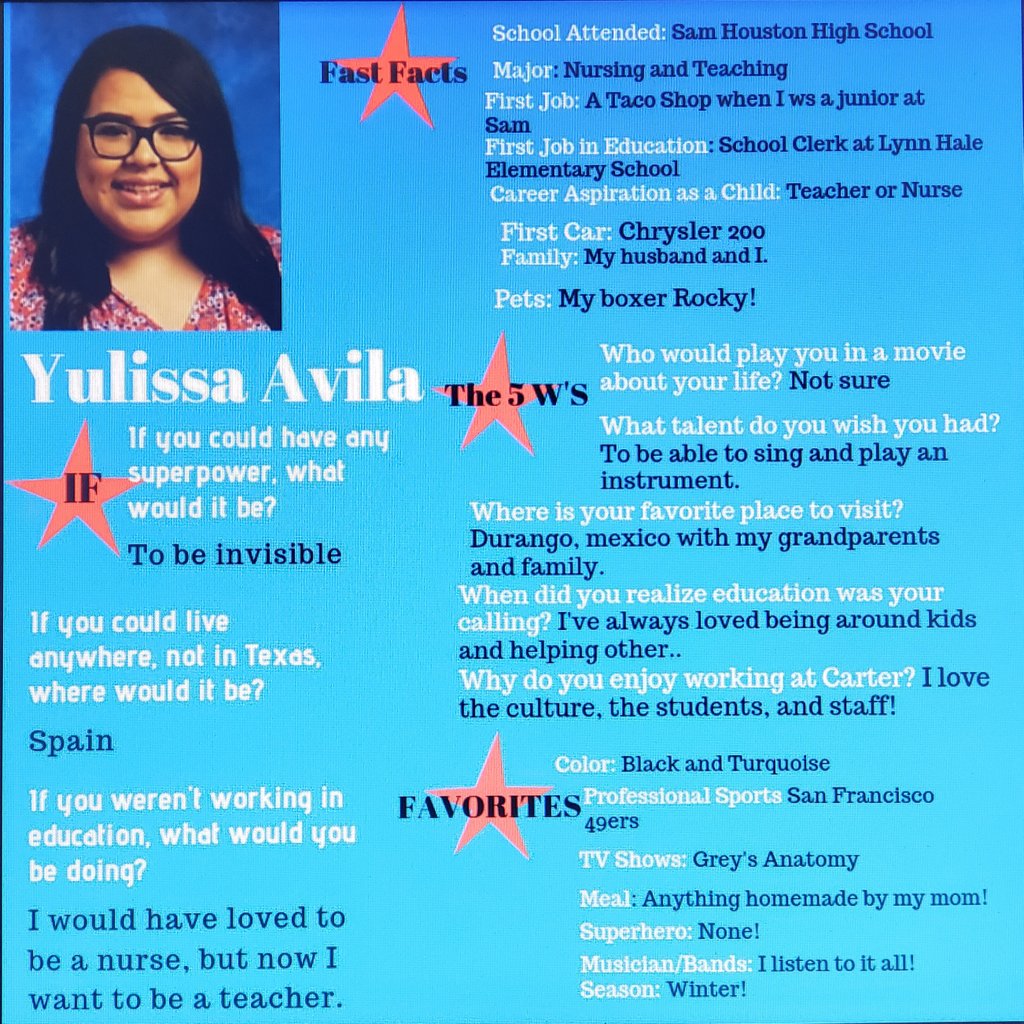 Carterjhs's tweet photo. Today we celebrate Yulissa Avila as our October Staff of the Month! Mrs. Avila is our school's secretary and exhibits the Leadership Tenet "Dedication to the Team"! #sheisremarkable https://t.co/zxc0KLRBFc
