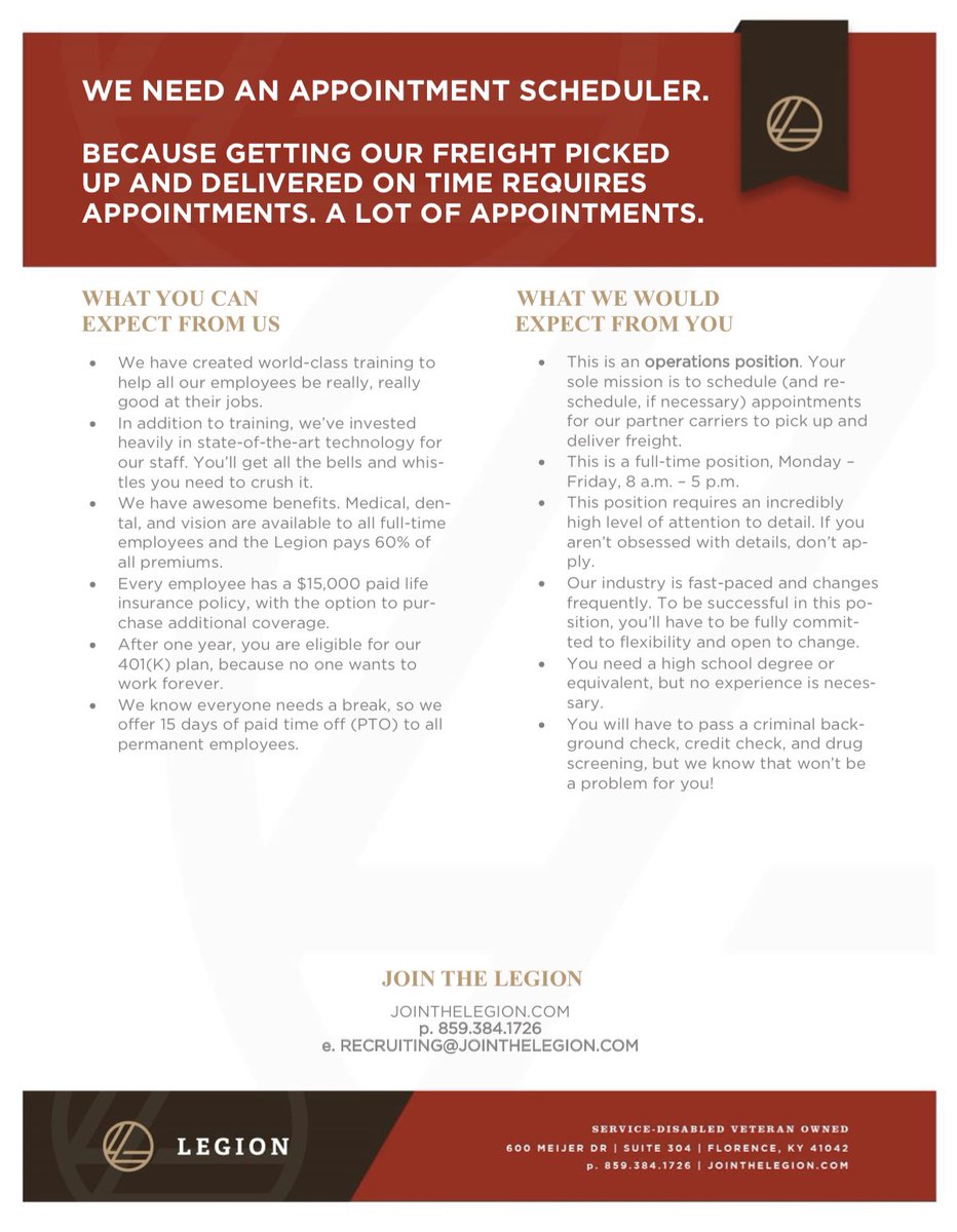 legionlogistics's tweet photo. WE’RE HIRING! Because getting our freight picked up and delivered on time requires appointments. A LOT of appointments.
Interested? Email a copy of your resume to recruiting@jointhelegion.com! #WorkAtLegion #JoinTheLegion https://t.co/bGRog2k7P7