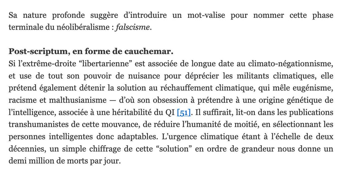 11/ En conclusion, nous proposons un nom pour l'hybride nationaliste et identitaire du néolibéralisme: falscisme.Dans un post-scriptum sombre, on décrit ce dont il a beaucoup été question ici: les "solutions" au réchauffement climatique promues par cette alt-right.