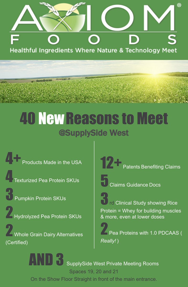 AxiomFoods's tweet photo. 40 reasons to meet at @SupplySide West! Schedule a meeting with one of our agents for Oct 17-18 at info@axiomfoods.com. #SSWExpo #plantprotein #riceprotein #peaprotein #hempprotein https://t.co/vCxkZJ9vJv