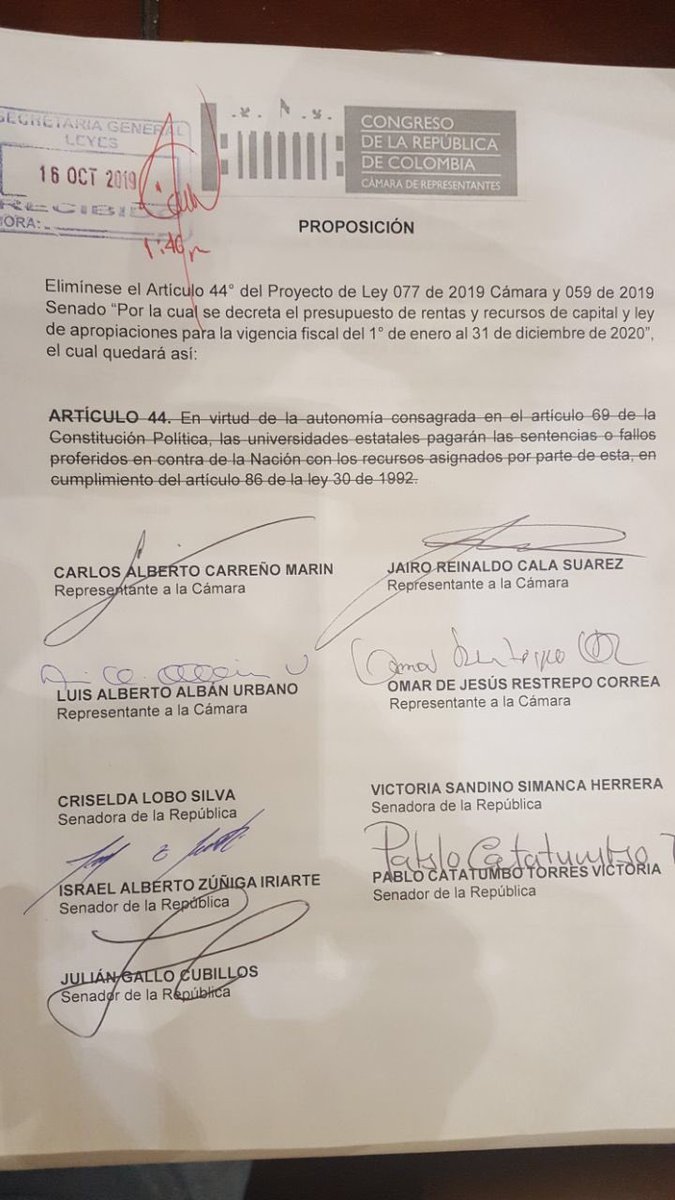 SergioComunes's tweet image. #Atención🔴 La bancada del @PartidoFARC logra bloquear artículo 44 del Presupuesto General de la Nación con 102 votos a favor, que pretendía dar  un “tiro de gracia” a las Universidades Públicas.