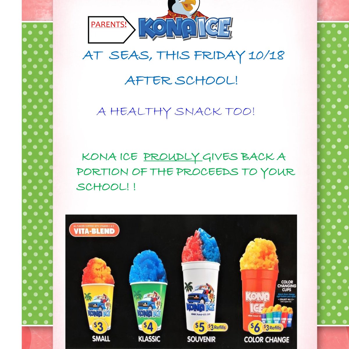 SEASCSLV's tweet image. Reminder: Friday, 10/18 is a minimum day. Dismissal is at 11:45. Students may wear spirit gear.
The Kona Ice truck will be here after school Friday to kick off the BOO Bash weekend. Enjoy!