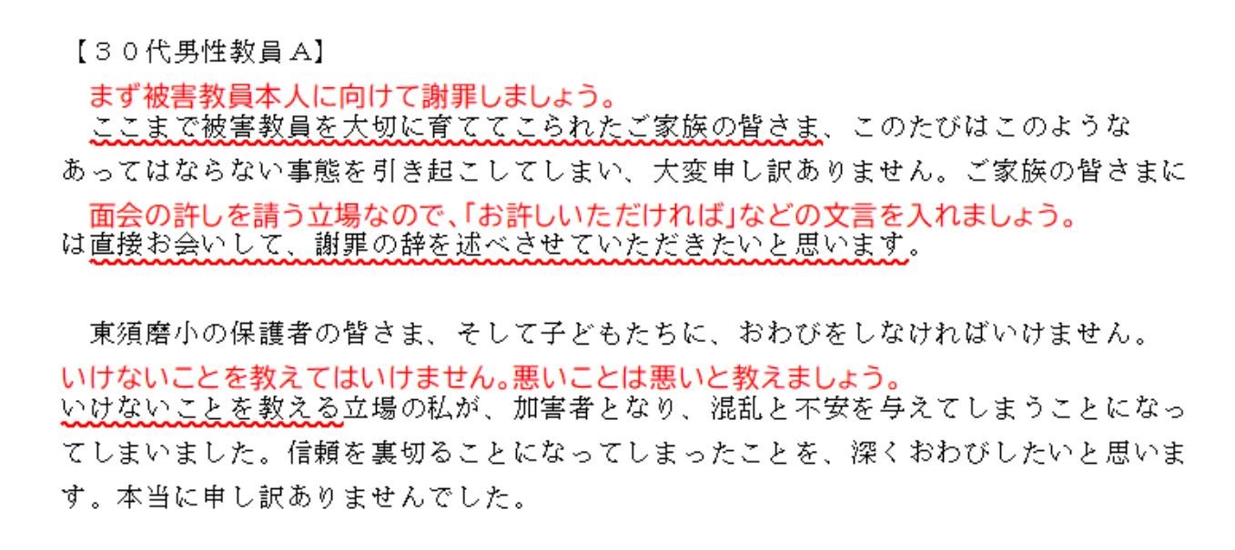 ヤンソンさんの誘惑 グラたん 神戸 教員暴行事件の 加害4教員謝罪の言葉 が謝罪文としてひどかったので赤ペン先生をしてみた 40代女性教員の文はひどすぎて 書いてるうちにさじを投げたくなってきた T Co V1vrg6ji Twitter ヤンソンさんの誘惑 グラたん 神戸 教員暴行事件の 加害4教員謝罪の言葉 が謝罪文としてひどかったので赤ペン先生をしてみた 40代女性教員の文はひどすぎて 書いてるうちにさじを投げたくなってきた T Co V1vrg6ji Twitter
