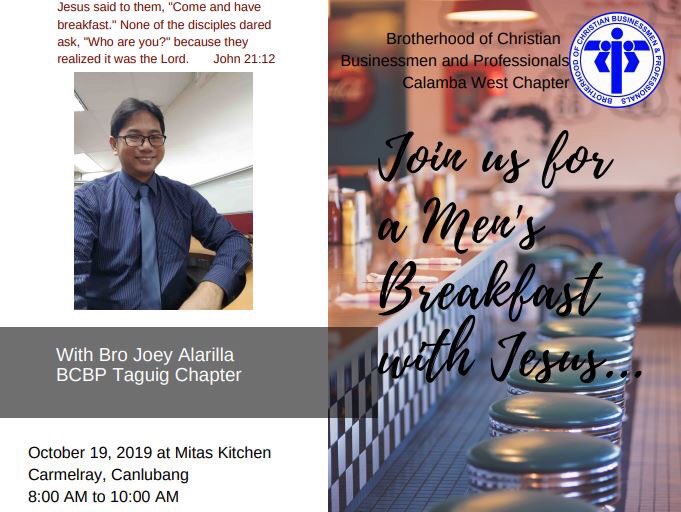 joeyalarilla's tweet image. Sharing my story, “An Atheist’s Journey Back to God”, at the #BCBP Men’s Breakfast of the #BCBPCalambaWestChapter this Saturday, Oct. 19. Thank you Lord for this opportunity and the gift of community. And thanks again to Bro Junep Ocampo for inviting me to be the Breakfast sharer