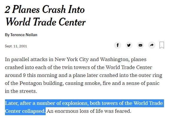 By the end of the day of 9/11 EVERY major newspaper had also come on board. The first reports in  #NYTimes on 9/11mentioned "later, after a number of explosions, both towers of the WTC collapsed" & one witness described seeing "small explosions on each floor."73/
